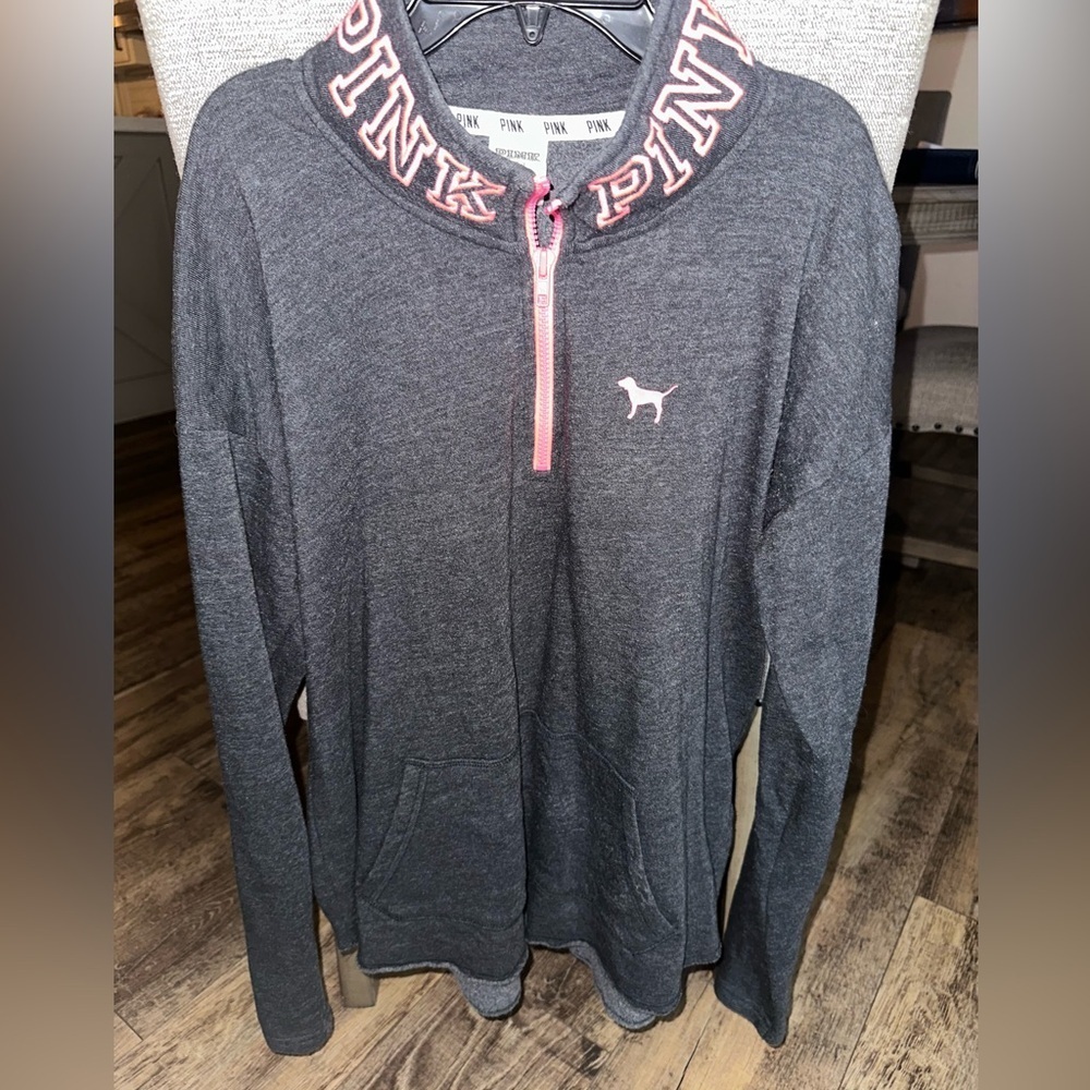 Victoria's Secret PINK Gray and Pink Logo 1/4 Zip pullover sweatshirt Large
